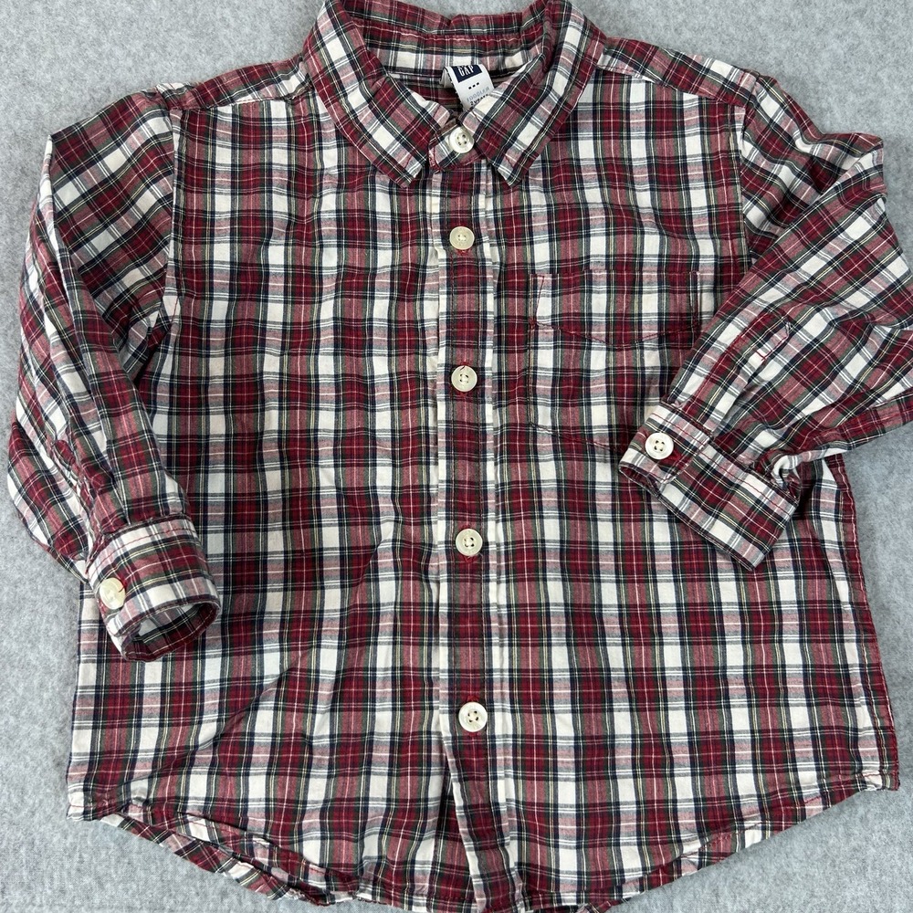 Baby Gap Button Up Long Sleeve‎ Shirt Red Plaid Holiday 2 Years 100% Cotton